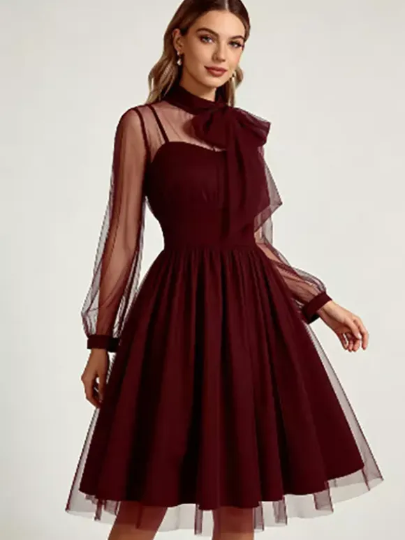 Vintage Dresses Women's Burgundy Tulle Midi Dress Sheer Long Sleeve Bow Neck Fit And Flare Dress