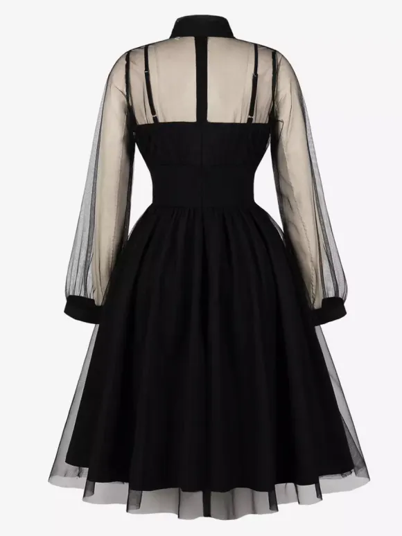 Vintage Dresses Women's Burgundy Tulle Midi Dress Sheer Long Sleeve Bow Neck Fit And Flare Dress