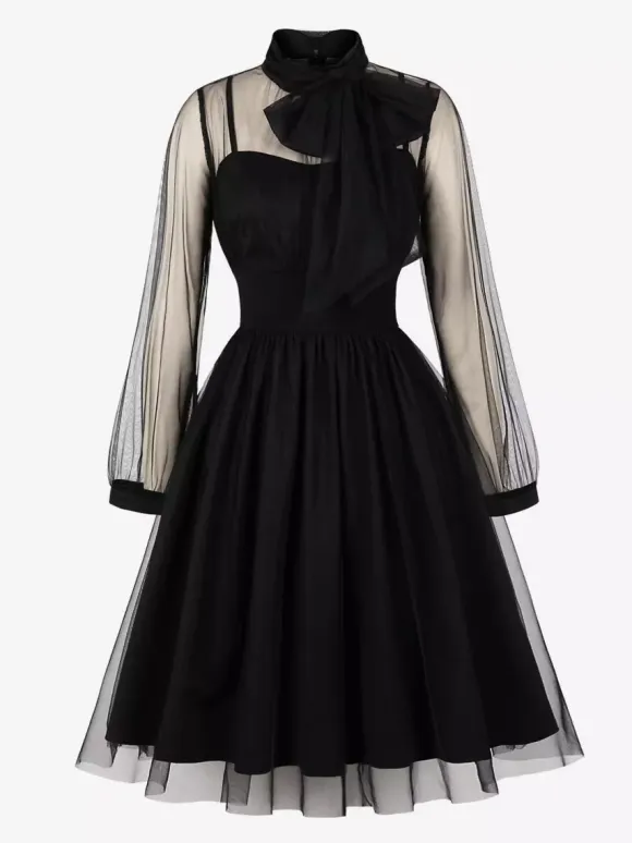 Vintage Dresses Women's Burgundy Tulle Midi Dress Sheer Long Sleeve Bow Neck Fit And Flare Dress