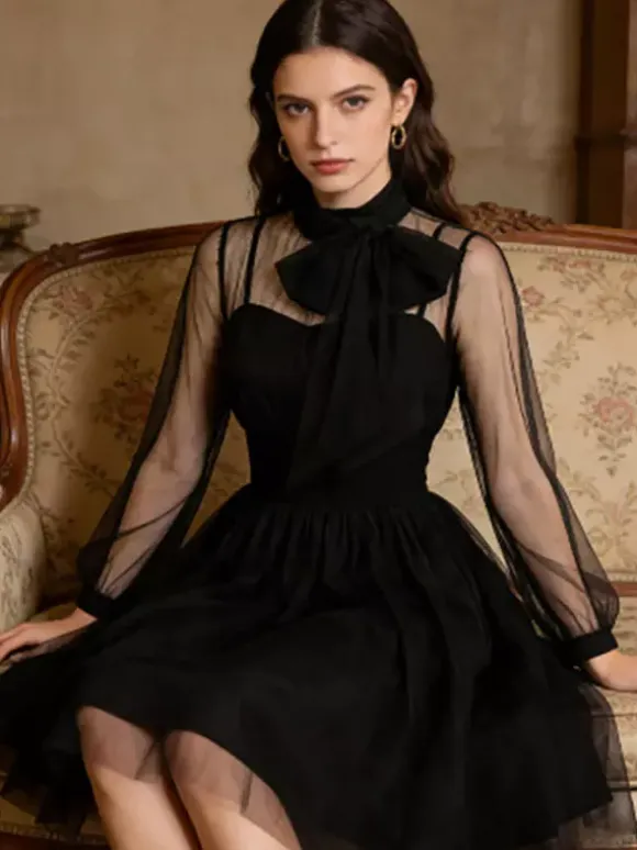 Vintage Dresses Women's Burgundy Tulle Midi Dress Sheer Long Sleeve Bow Neck Fit And Flare Dress
