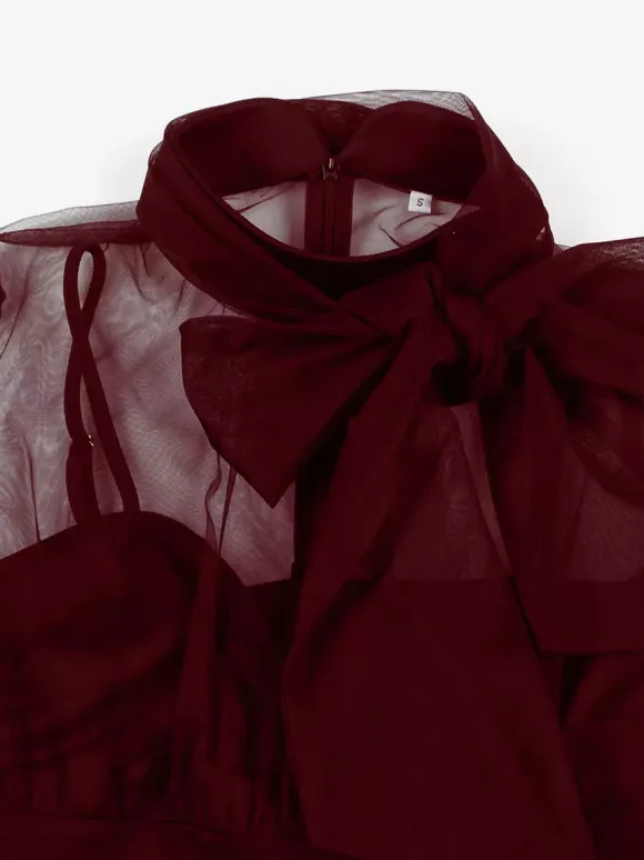 Vintage Dresses Women's Burgundy Tulle Midi Dress Sheer Long Sleeve Bow Neck Fit And Flare Dress