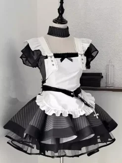 Vintage Elegant Maid Dress Japanese Lolita Style Tiered Apron Dress With Lace Trim Kawaii Gothic Aristocrat Uniform