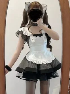 Vintage Elegant Maid Dress Japanese Lolita Style Tiered Apron Dress With Lace Trim Kawaii Gothic Aristocrat Uniform