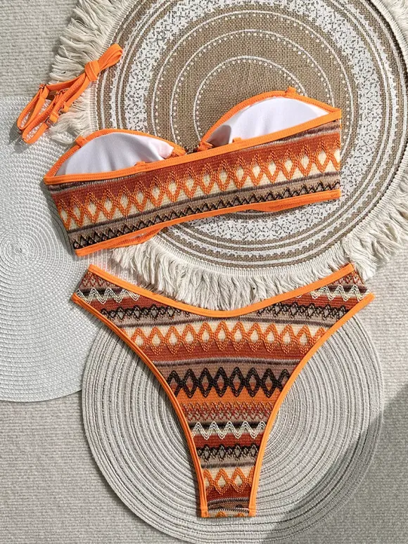 Vintage Ethnic Striped Knit O-Ring Triangle Tie Side Bikini Two Piece Swimsuit