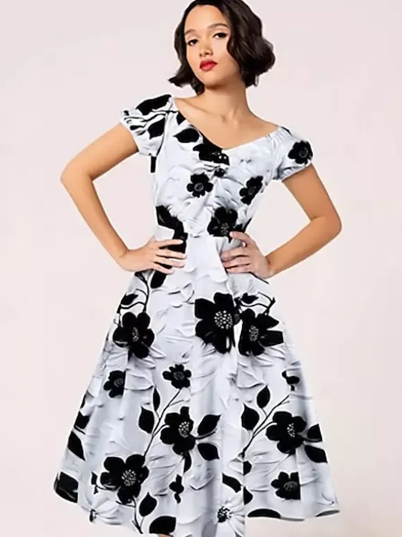 Vintage Floral Midi Dress Black And White A-Line Swing Dress Elegant Party Dress