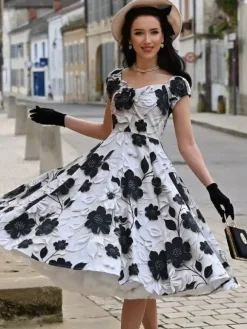 Vintage Floral Midi Dress Black And White A-Line Swing Dress Elegant Party Dress
