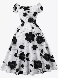 Vintage Floral Midi Dress Black And White A-Line Swing Dress Elegant Party Dress