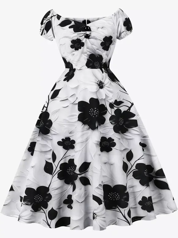 Vintage Floral Midi Dress Black And White A-Line Swing Dress Elegant Party Dress