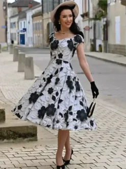 Vintage Floral Midi Dress Black And White A-Line Swing Dress Elegant Party Dress