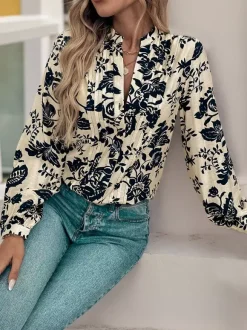 Vintage Floral Print Pleated Blouse Front With Long Sleeves For Autumn 2026