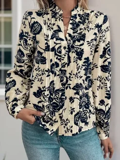 Vintage Floral Print Pleated Blouse Front With Long Sleeves For Autumn 2026
