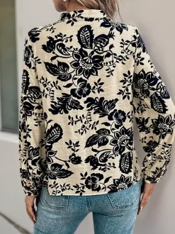 Vintage Floral Print Pleated Blouse Front With Long Sleeves For Autumn 2026
