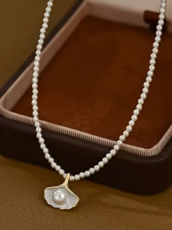 Vintage Ginkgo Leaf Charm Thin Pearl Strand Elegant Women Neck Chain