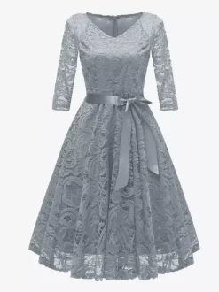 Vintage Lace Swing Dress for Women - 1950s V Neck 3/4 Sleeve Belted A-Line Midi Dress - Spring Wedding Guest 2026