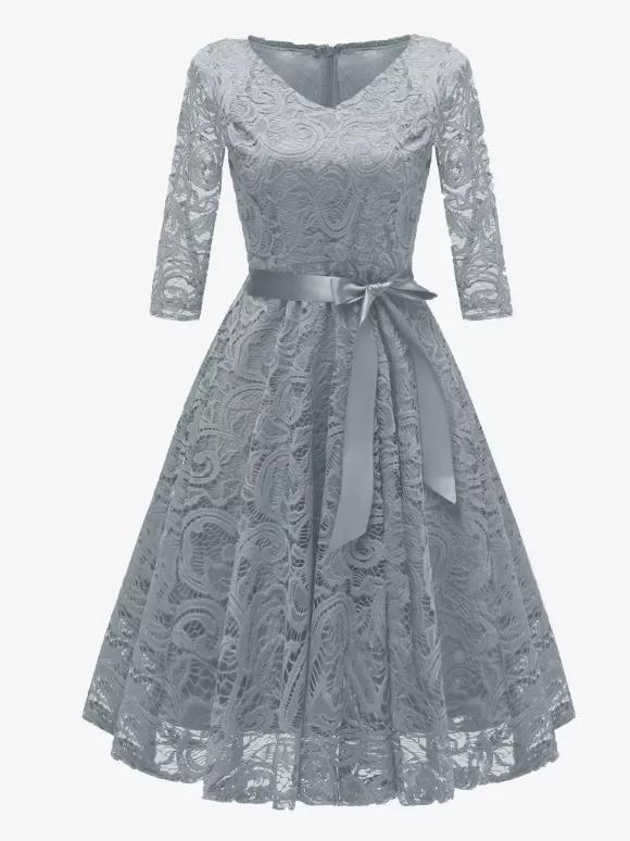 Vintage Lace Swing Dress for Women - 1950s V Neck 3/4 Sleeve Belted A-Line Midi Dress - Spring Wedding Guest 2026