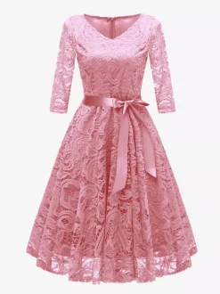Vintage Lace Swing Dress for Women - 1950s V Neck 3/4 Sleeve Belted A-Line Midi Dress - Spring Wedding Guest 2026