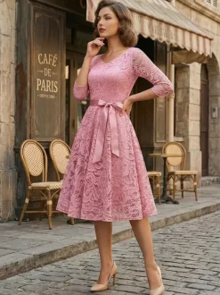 Vintage Lace Swing Dress for Women - 1950s V Neck 3/4 Sleeve Belted A-Line Midi Dress - Spring Wedding Guest 2026