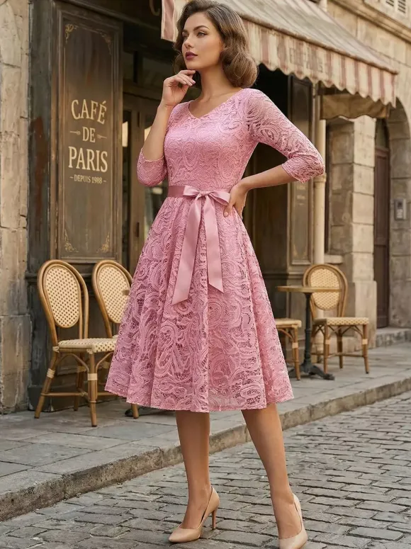 Vintage Lace Swing Dress for Women - 1950s V Neck 3/4 Sleeve Belted A-Line Midi Dress - Spring Wedding Guest 2026