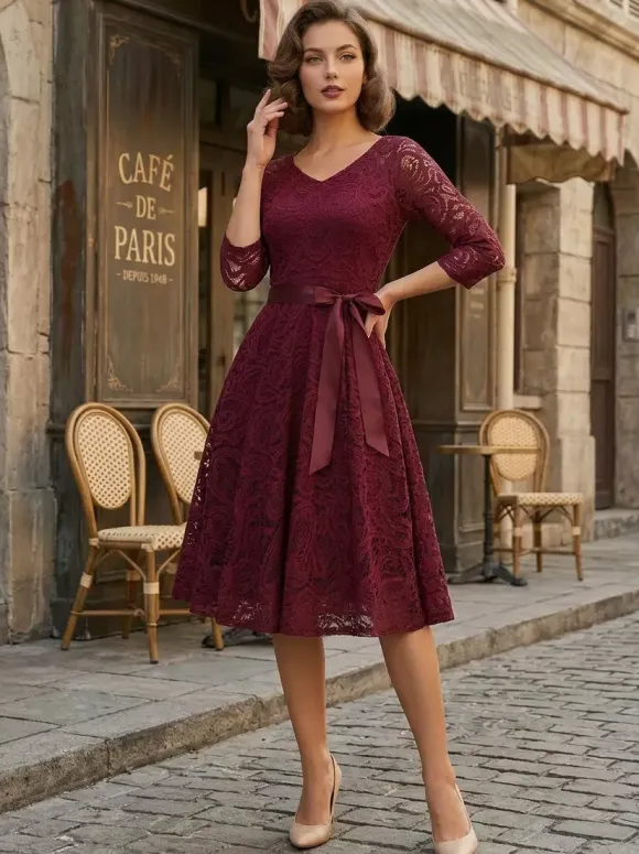 Vintage Lace Swing Dress for Women - 1950s V Neck 3/4 Sleeve Belted A-Line Midi Dress - Spring Wedding Guest 2026