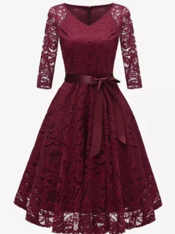 Vintage Lace Swing Dress for Women - 1950s V Neck 3/4 Sleeve Belted A-Line Midi Dress - Spring Wedding Guest 2026
