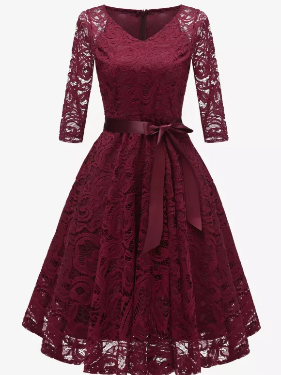 Vintage Lace Swing Dress for Women - 1950s V Neck 3/4 Sleeve Belted A-Line Midi Dress - Spring Wedding Guest 2026