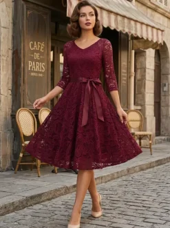 Vintage Lace Swing Dress for Women - 1950s V Neck 3/4 Sleeve Belted A-Line Midi Dress - Spring Wedding Guest 2026