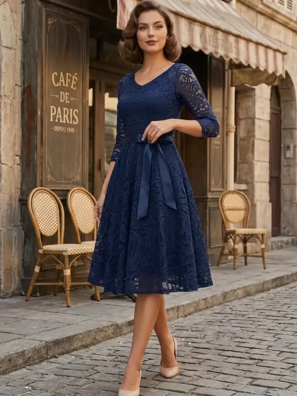 Vintage Lace Swing Dress for Women - 1950s V Neck 3/4 Sleeve Belted A-Line Midi Dress - Spring Wedding Guest 2026