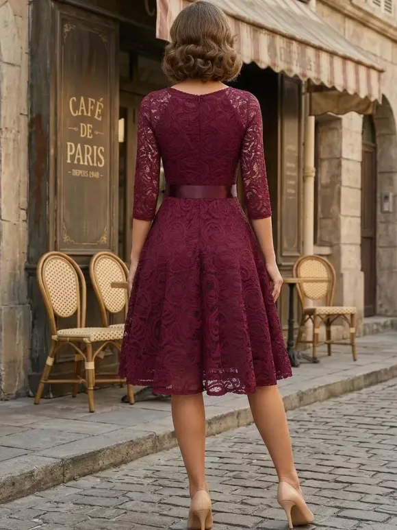 Vintage Lace Swing Dress for Women - 1950s V Neck 3/4 Sleeve Belted A-Line Midi Dress - Spring Wedding Guest 2026
