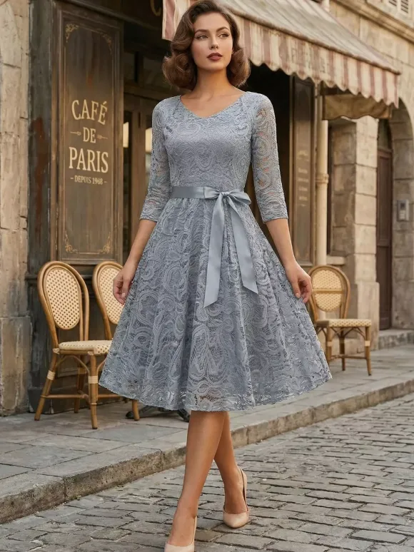 Vintage Lace Swing Dress for Women - 1950s V Neck 3/4 Sleeve Belted A-Line Midi Dress - Spring Wedding Guest 2026