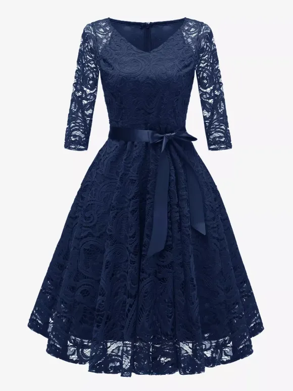 Vintage Lace Swing Dress for Women - 1950s V Neck 3/4 Sleeve Belted A-Line Midi Dress - Spring Wedding Guest 2026