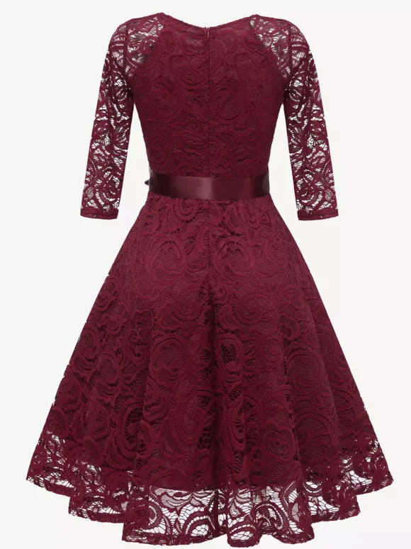 Vintage Lace Swing Dress for Women - 1950s V Neck 3/4 Sleeve Belted A-Line Midi Dress - Spring Wedding Guest 2026