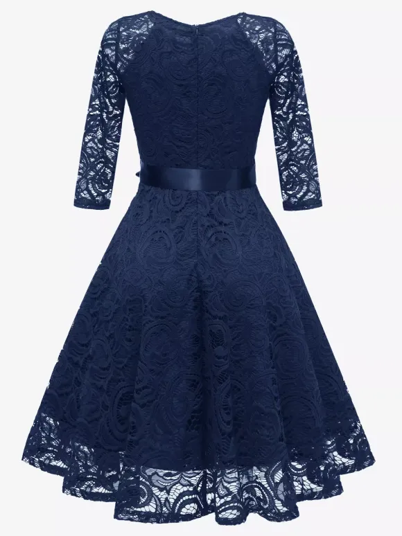 Vintage Lace Swing Dress for Women - 1950s V Neck 3/4 Sleeve Belted A-Line Midi Dress - Spring Wedding Guest 2026