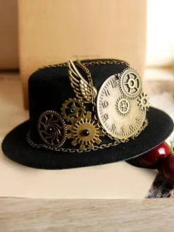 Vintage Lolita Hat Black Steampunk Wing Gear Chains Deco Retro Lolita Cap