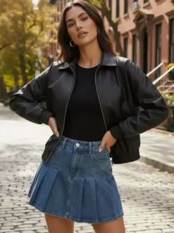 Vintage Oversized Faux Leather Bomber Jacket With Elastic Hem For Women 2026