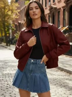 Vintage Oversized Faux Leather Bomber Jacket With Elastic Hem For Women 2026