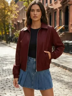 Vintage Oversized Faux Leather Bomber Jacket With Elastic Hem For Women 2026
