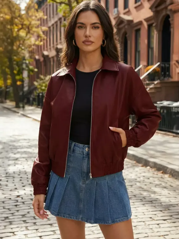 Vintage Oversized Faux Leather Bomber Jacket With Elastic Hem For Women 2026