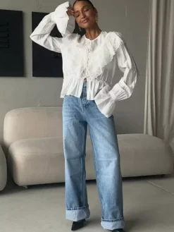 Vintage Ruffle Collar Blouse Elastic Waist Flared Cuff Long Sleeve Shirts