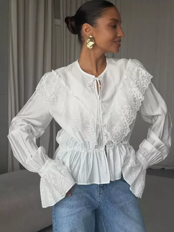 Vintage Ruffle Collar Blouse Elastic Waist Flared Cuff Long Sleeve Shirts