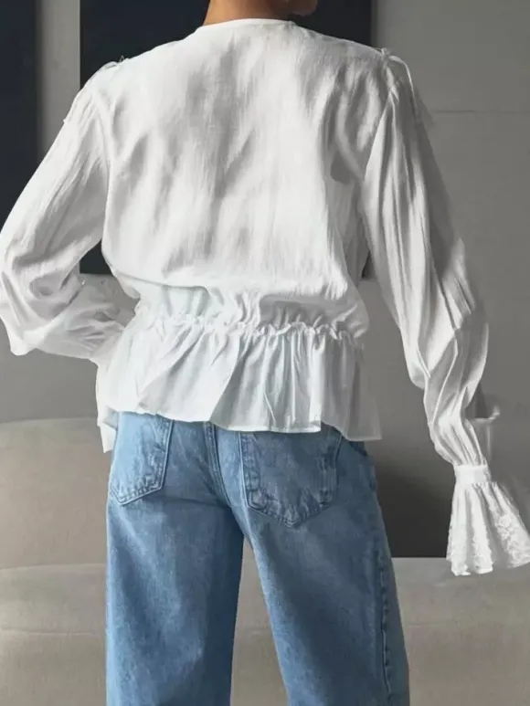 Vintage Ruffle Collar Blouse Elastic Waist Flared Cuff Long Sleeve Shirts