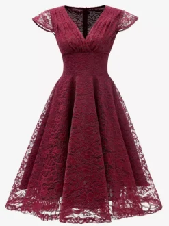 Vintage 1950s Midi Lace Dress for Women - V Neck Cap Sleeve A-line Cocktail Prom Gown - Wedding Guest Wear 2026