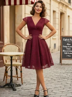 Vintage 1950s Midi Lace Dress for Women - V Neck Cap Sleeve A-line Cocktail Prom Gown - Wedding Guest Wear 2026