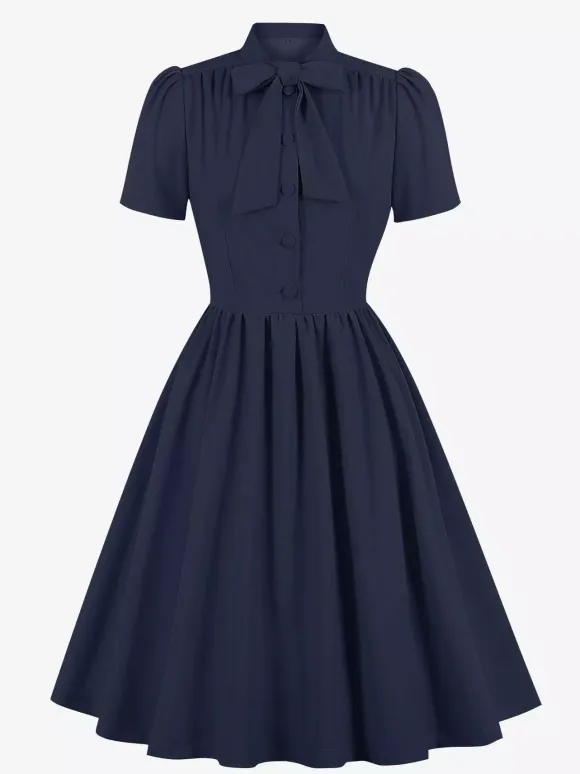 Vintage 1950s Midi Swing Tea Dress for Women - Bow Neck Short Sleeve Fit and Flare Rockabilly Gown - Garden Party 2026