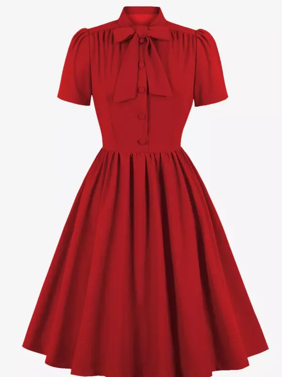 Vintage 1950s Midi Swing Tea Dress for Women - Bow Neck Short Sleeve Fit and Flare Rockabilly Gown - Garden Party 2026
