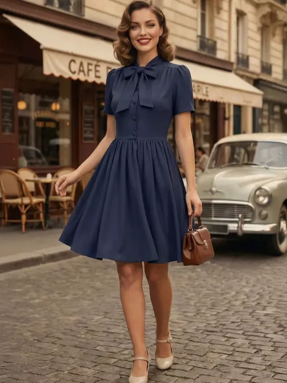 Vintage 1950s Midi Swing Tea Dress for Women - Bow Neck Short Sleeve Fit and Flare Rockabilly Gown - Garden Party 2026