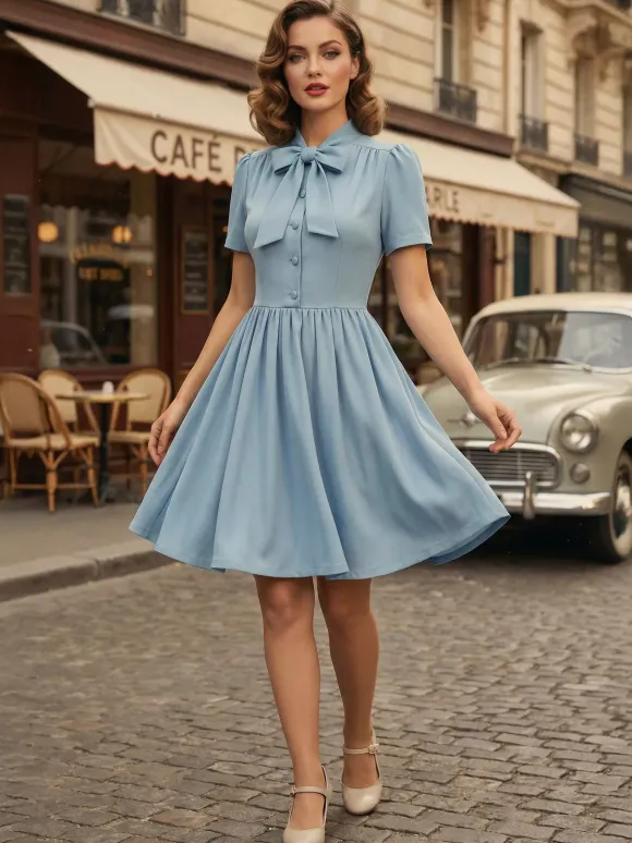 Vintage 1950s Midi Swing Tea Dress for Women - Bow Neck Short Sleeve Fit and Flare Rockabilly Gown - Garden Party 2026