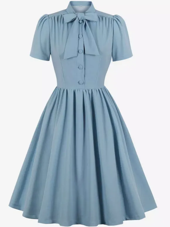 Vintage 1950s Midi Swing Tea Dress for Women - Bow Neck Short Sleeve Fit and Flare Rockabilly Gown - Garden Party 2026