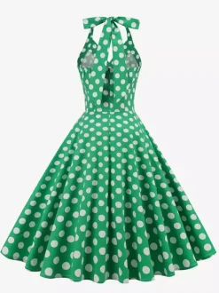 Vintage 1950s Polka Dot Midi Swing Dress for Women - Halter Neck A-Line Rockabilly Pinup Sun Dress - Holiday Picnic 2026