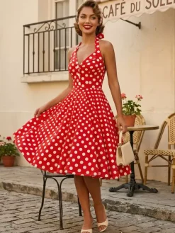 Vintage 1950s Polka Dot Midi Swing Dress for Women - Halter Neck A-Line Rockabilly Pinup Sun Dress - Holiday Picnic 2026