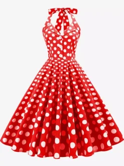 Vintage 1950s Polka Dot Midi Swing Dress for Women - Halter Neck A-Line Rockabilly Pinup Sun Dress - Holiday Picnic 2026